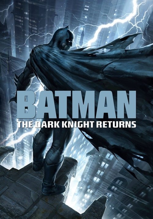 The poster features Batman in a dynamic pose against a stormy, dark city backdrop. The title "Batman: The Dark Knight Returns" is prominently displayed in bold, metallic lettering. The overall mood is intense and dramatic, with lightning illuminating the scene and emphasizing the action-packed na...