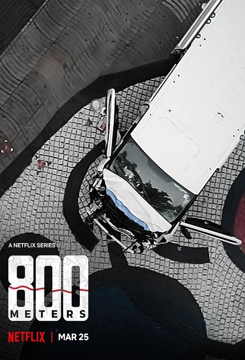 The poster captures a tense, high-contrast scene of a white car navigating a narrow, cobblestone street. Shadows stretch dramatically across the pavement, emphasizing the car's precarious position. The muted tones of gray and white convey a sense of urgency and danger. The bold text "800 METERS" ...