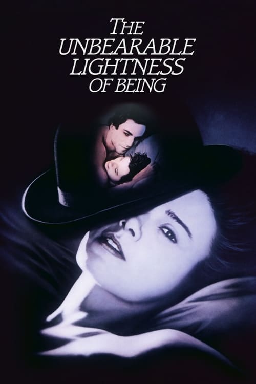The poster features a woman in a black hat with a mysterious figure peeking from behind her, set against a dark, moody background. The colors are predominantly black and white, creating an eerie and contemplative atmosphere. The title, "The Unbearable Lightness of Being," is elegantly displayed a...