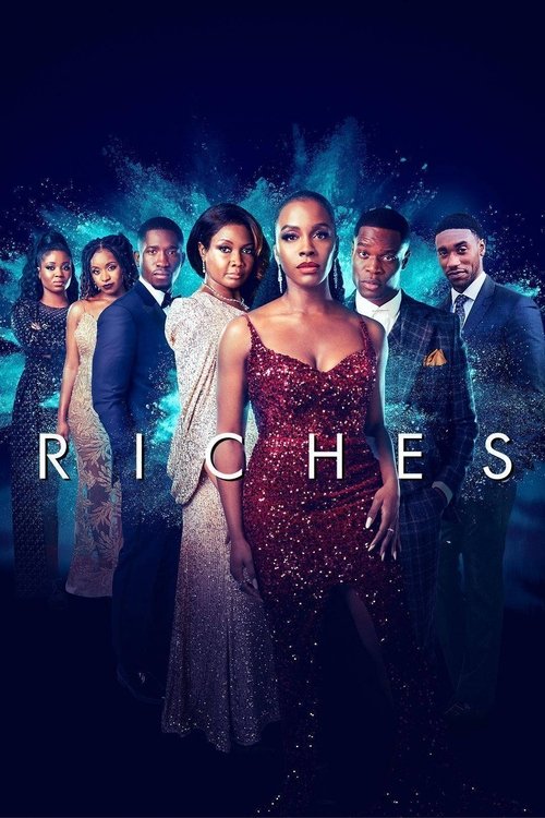 The poster features a glamorous group of characters in formal attire against a dark, moody background illuminated by ethereal blue light. The central figure stands confidently in a sparkling red dress, while others wear elegant gowns and suits. The overall mood is sophisticated and mysterious, hi...