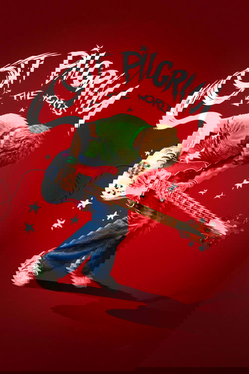 Scott Pilgrim, a rebellious teenager, stands defiantly against a red backdrop while playing an electric guitar. His dynamic pose and intense expression convey a sense of defiance and energy, capturing the essence of his iconic role as a tough but charismatic rock star.