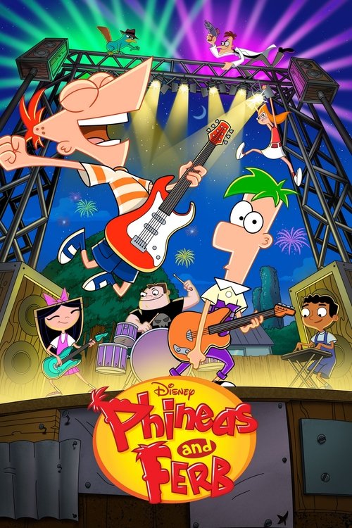 This vibrant poster captures the lively atmosphere of "Phineas and Ferb," featuring Phineas and Ferb in dynamic poses against a colorful, starry backdrop. The scene is filled with energetic characters, including Phineas and Ferb playing guitars, while others like Pippi Longstocking and others are...