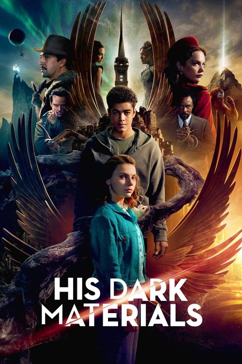 The poster features a group of young characters with wings, set against a dramatic sky with fiery and mystical colors. The mood is intense and adventurous, suggesting a fantasy or sci-fi adventure. The title "His Dark Materials" is prominently displayed at the bottom.