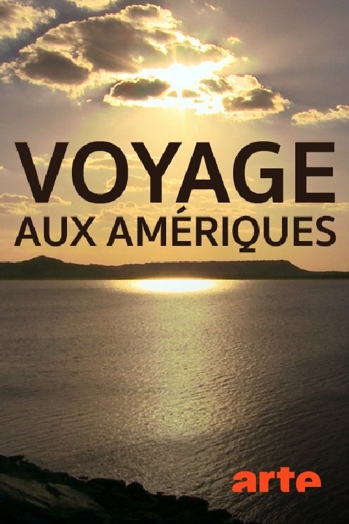 The poster features a serene sunset over a tranquil lake, with warm golden hues reflecting on the water's surface. The bold text "VOYAGE AUX AMÉRIQUES" dominates the center, evoking an adventurous spirit. The artist's signature "arte" in red at the bottom suggests a professional and artistic appr...