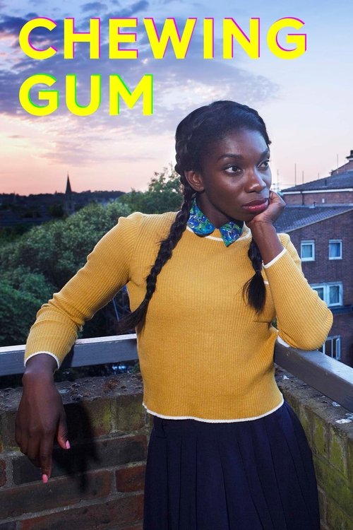 A young woman with braided hair and a yellow sweater stands confidently against a sunset backdrop, her hand resting thoughtfully on her chin. The vibrant yellow title "CHEWING GUM" dominates the top, while a dark blue skirt and brick wall add depth to the scene. The mood is casual yet engaging, c...