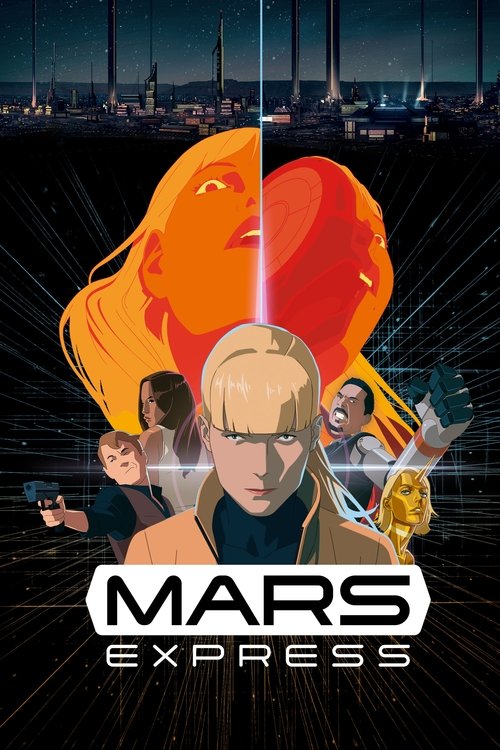 The poster features a dramatic, futuristic cityscape at night with vibrant neon lights. In the foreground, a central figure with blonde hair and a serious expression dominates the scene. Surrounding him are smaller characters in dynamic poses, suggesting action or adventure. The background is fil...