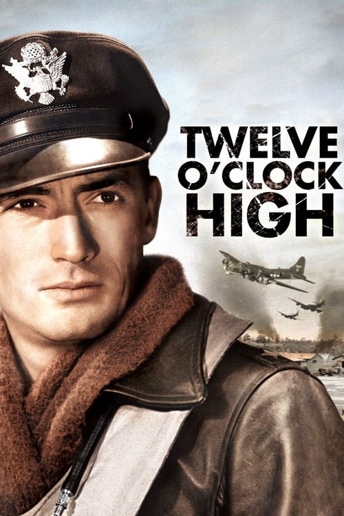 The poster features a determined soldier in a military uniform with a cap and leather jacket, exuding strength and resolve. The muted earthy tones of brown, tan, and gray create a somber yet inspiring atmosphere. The bold, white text "TWELVE O'CLOCK HIGH" dominates the right side, emphasizing the...