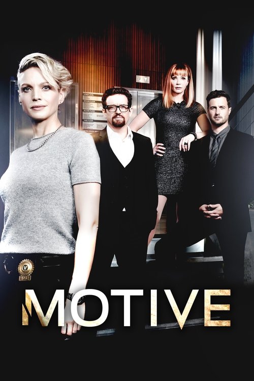 The poster features a group of four characters in formal attire against a dramatic backdrop with warm lighting. The woman on the left exudes confidence, while the others display professional demeanor. The bold, golden "MOTIVE" text anchors the image, suggesting themes of intrigue and suspense.