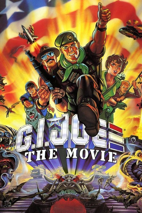 This vibrant poster features a dynamic scene with soldiers in action poses against a fiery American flag backdrop. The bold, metallic title "G.I. JOE THE MOVIE" commands attention, while energetic colors like red, yellow, and blue evoke a sense of patriotism and heroic adventure.