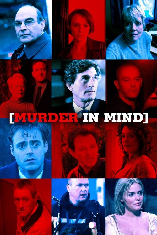 The poster features a grid of intense, dramatic portraits of actors against a monochromatic background, evoking suspense and mystery. The bold red text "[MURDER IN MIND]" anchors the composition, while the cool blue tones add a chilling, noir atmosphere. The overall mood is one of dark intrigue, ...