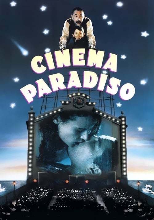 The poster features a group of people atop a grand theater, with the title "Cinema Paradiso" prominently displayed in bold, colorful letters. The scene evokes a nostalgic, romantic atmosphere with warm lighting and a sense of wonder.