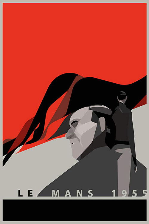 This poster features a stylized silhouette of a man in a black hat against a vibrant red background, evoking a sense of mystery and nostalgia. The muted tones of the figure contrast sharply with the bold red, creating a striking visual impact. The text "LE MANS 1955" at the bottom anchors the ima...