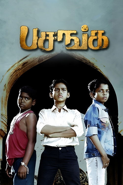 The poster features three young boys standing in front of a dark, arched doorway, with a smiling face atop the title "Pasanga." The boy on the left wears a red tank top and jeans, while the central figure dons a white shirt and dark trousers. The boy on the right sports a denim jacket and light-c...