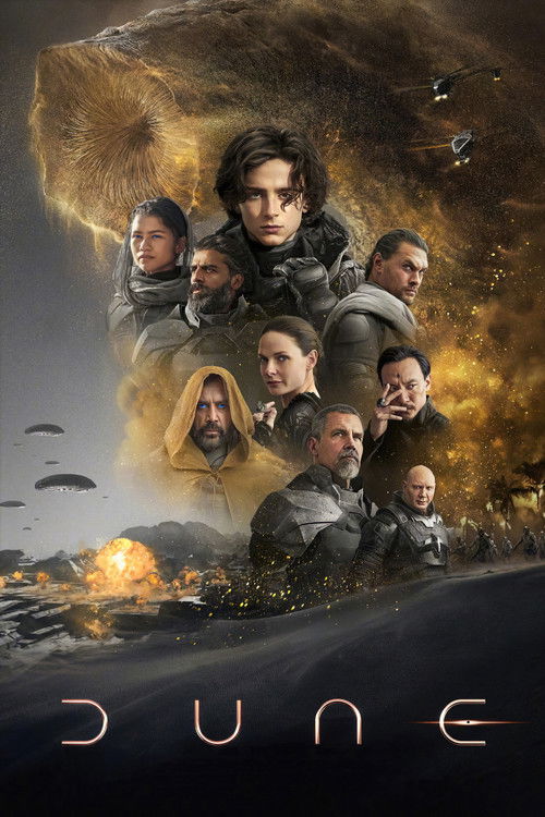 This movie poster for "Dune" features a dramatic composition with characters in various poses against a muted, earthy background. The central figure, dressed in traditional attire, commands attention, while others surround him with a sense of mystery and intrigue. The color palette is dominated b...