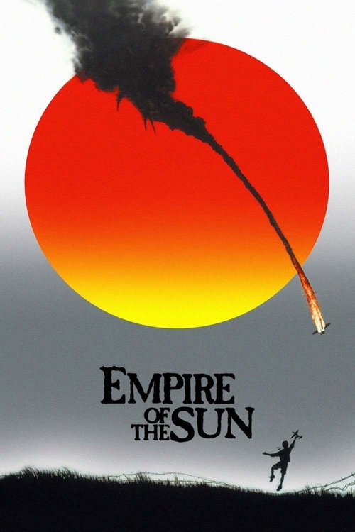 The poster features a dramatic silhouette of a lone figure against a vibrant sunset, with a fiery orange sun dominating the background. A dark, swirling vortex of smoke rises from the top left, adding an ominous and mysterious atmosphere. The title "Empire of the Sun" is elegantly displayed in bo...