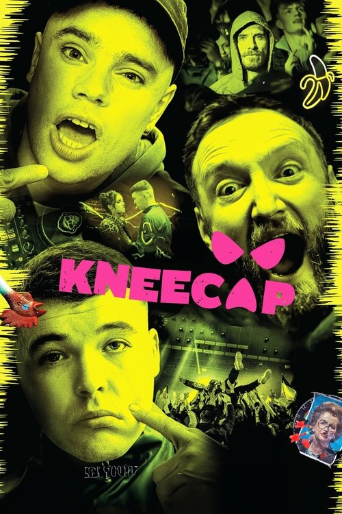 The poster features a collage of four men with intense, expressive faces, set against a dark, gritty background. The title "KNEECAP" is prominently displayed in bold pink letters, surrounded by stylized pink hearts. The overall mood is intense and dramatic, with a yellow-green color scheme that a...