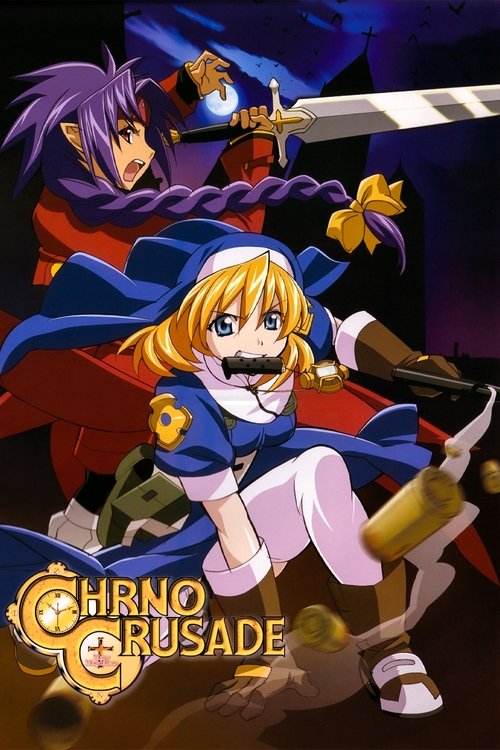 This poster features a dynamic scene with three characters in vibrant colors—purple, red, and gold—against a dark, dramatic background. The central figure with blonde hair and a mustache exudes confidence, while the others add depth to the composition. The title "Chrono Crusade" is prominently di...