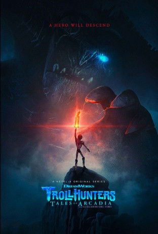 The poster features a lone figure standing atop a rocky outcrop, illuminated by a vibrant red light that casts dramatic shadows. In the background, silhouetted figures loom against a dark, stormy sky, while a glowing blue orb adds an eerie, otherworldly atmosphere. The title "Trollhunters: Tales ...
