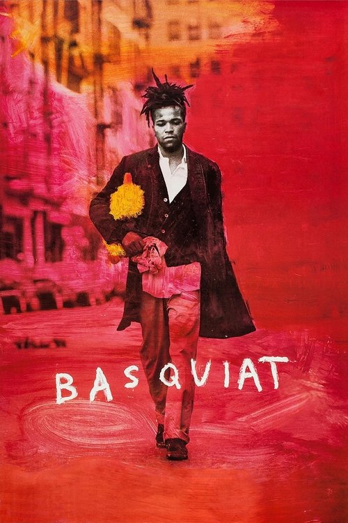 This movie poster features a striking figure in a dark coat against a vibrant red background, evoking a moody, artistic atmosphere. The bold typography of "BASQUIAT" anchors the image, emphasizing the iconic artist's presence.