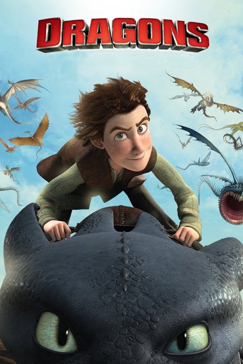 A young boy with brown hair and green eyes rides a large, dark blue dragon named Toothless. The background features flying dragons in various colors against a blue sky. The mood is adventurous and playful.