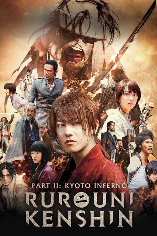 The poster features a central figure of Kenshin with intense expression, surrounded by a dynamic crowd of characters in dramatic poses. The background is filled with fiery explosions and dark, ominous figures, creating a sense of action and chaos. The color palette is dominated by fiery oranges, ...