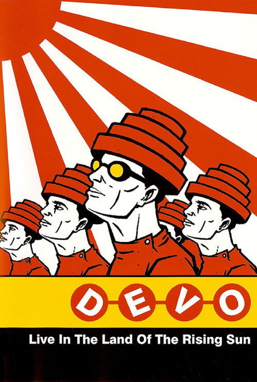 The poster features a group of Devo members in their iconic orange hats and sunglasses, set against a vibrant sunburst background. The bold yellow text "DEVO" anchors the composition, while the tagline "Live in the Land of the Rising Sun" hints at their musical journey. The overall mood is energe...