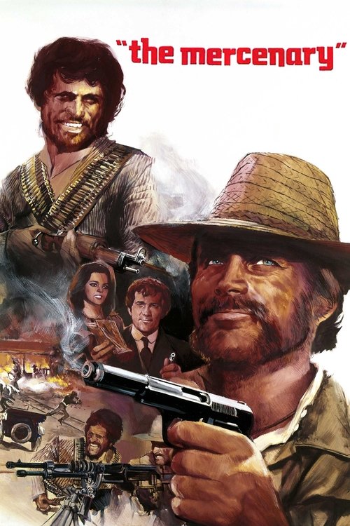 This movie poster features a gritty Western theme with a rugged cowboy in the foreground holding a gun, surrounded by soldiers and civilians. The color palette includes earthy tones like browns, greens, and muted yellows, evoking a sense of danger and adventure. The title "The Mercenary" is promi...