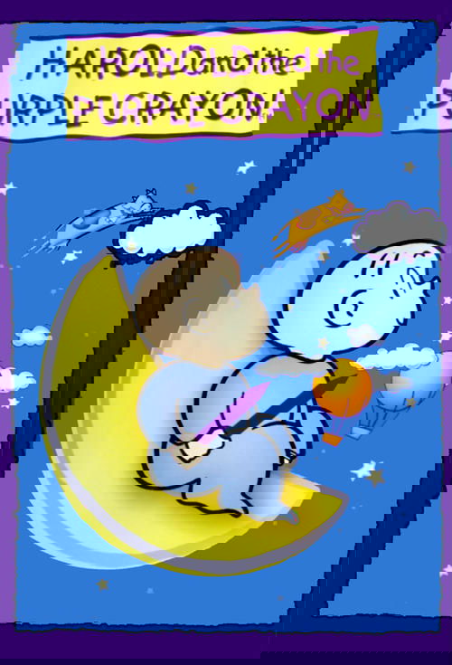 A cartoon boy in blue sits on a yellow crescent moon against a starry blue night sky, holding a purple crayon. He gazes upward toward a flying purple crayon and a fluffy white cloud. The whimsical scene captures a magical nighttime wonderland with vibrant colors and playful mood.