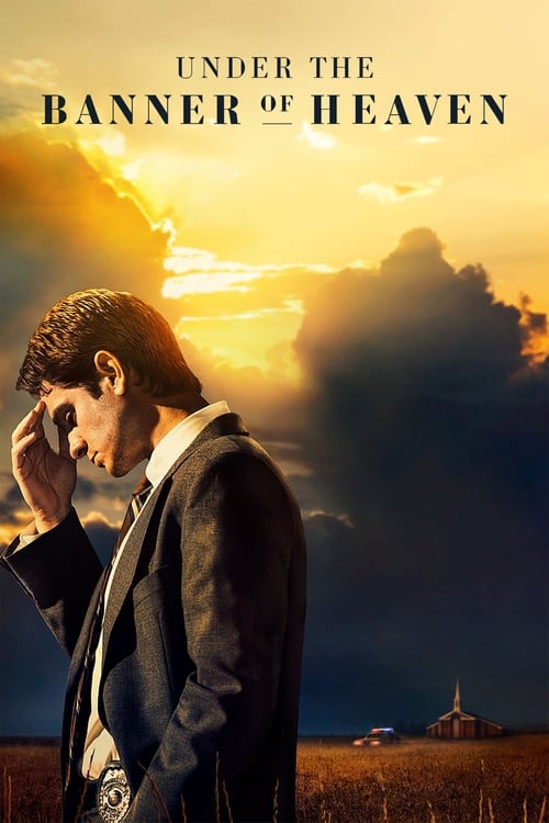 The poster features a man in a dark suit against a dramatic sunset sky, evoking a sense of mystery and introspection. The warm hues of orange and yellow contrast with the cool blues and dark tones, creating a visually striking composition. The title "Under the Banner of Heaven" is prominently dis...