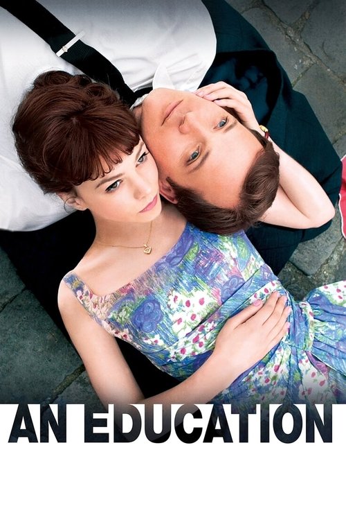 The poster features two women lying on a textured stone floor, one with short brown hair and the other with longer dark hair. They are dressed in colorful, patterned dresses, creating a vibrant and lively atmosphere. The title "AN EDUCATION" is prominently displayed at the bottom in bold, white l...