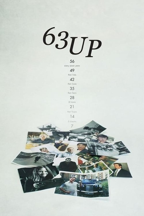 The poster features a minimalist design with the bold "63 UP" title in black against a stark white background. Scattered across the lower portion are numerous small, black-and-white photographs of people in various settings, suggesting a collage of memories or a montage of diverse individuals. Th...