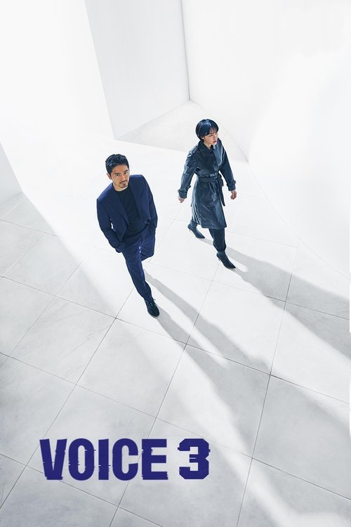 The poster features two men in dark clothing walking through a minimalist white corridor, casting long shadows. The bold blue text "VOICE 3" anchors the composition, evoking a sense of mystery and intrigue.