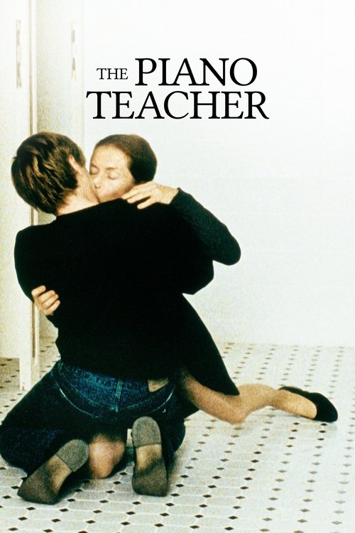 The poster features two women embracing on a patterned floor, with one woman in black and denim, and the other in dark clothing. The title "The Piano Teacher" is prominently displayed at the top. The mood is intimate and emotional, suggesting a story about love and connection.