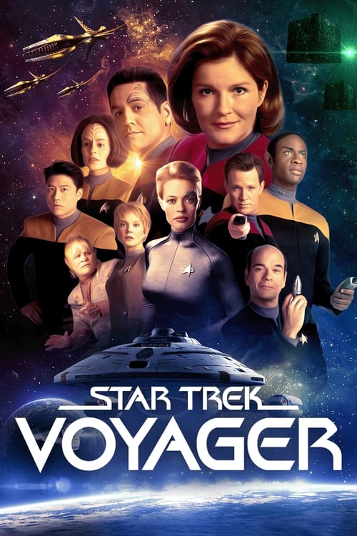 This poster features a group of characters from the Star Trek: Voyager series, including Kirk, Spock, and others, standing on a spaceship against a starry space backdrop. The vibrant colors and dynamic composition evoke a sense of adventure and exploration.