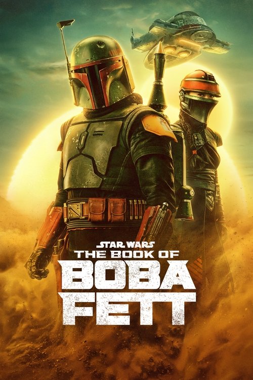 This poster features Boba Fett and his companion standing against a dramatic sunset backdrop, evoking a sense of adventure and mystery. The warm tones of the sky contrast with the cool metallic hues of their armor, creating a visually striking composition that captures the essence of the Star War...
