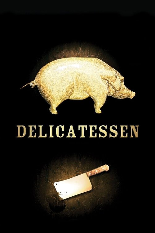 The poster features a golden pig standing against a dark background, with the title "DELICATESSEN" in bold, metallic letters below. A small, glowing knife rests at the bottom, suggesting a culinary theme. The overall mood is mysterious and intriguing, hinting at a story about hidden treasures or ...