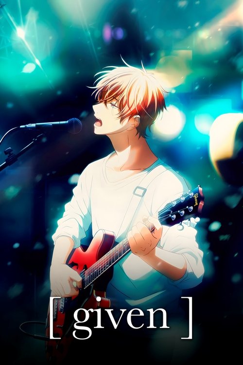 A young man with spiky blonde hair plays an electric guitar against a vibrant, dreamy background of glowing lights and stars. The warm tones of his outfit blend with the cool blues and purples of the scene, creating a harmonious, ethereal atmosphere.