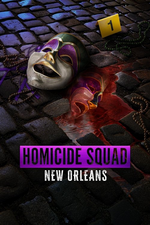The poster features a hauntingly realistic depiction of a masked figure with purple and black attire, lying on a cobblestone street. A yellow "1" marker in the background suggests a crime scene. The scene evokes a gritty, noir atmosphere with dark tones and blood splatters, capturing the tension ...