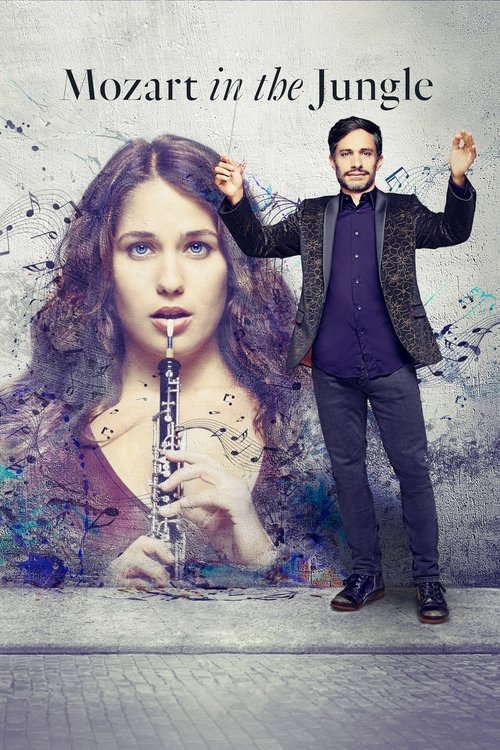 The poster features a woman with dark hair playing a saxophone against a vibrant jungle backdrop, while a man in a suit stands confidently beside her. The colors are rich and vivid, with blues and greens dominating the scene. The mood is energetic and adventurous, capturing the essence of a music...