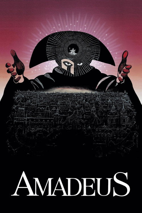 The poster features a mysterious figure with outstretched arms, surrounded by a radiant halo against a deep red and black background. The title "AMADEUS" is prominently displayed at the bottom in bold white letters. The overall mood is eerie and suspenseful, hinting at the dark and enigmatic worl...