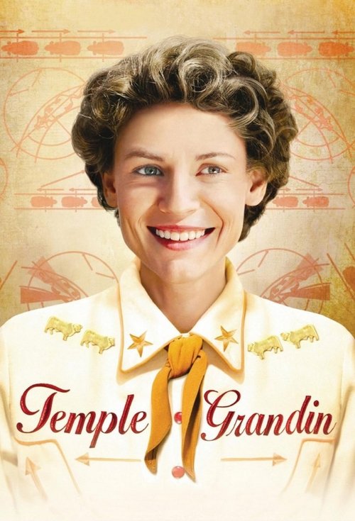 The poster features a smiling woman with curly hair, wearing a white uniform adorned with gold stars and a yellow bow. The warm, golden background suggests a serene, historical setting. The text "Temple Grandin" is elegantly displayed in red script, evoking a sense of authority and tradition.