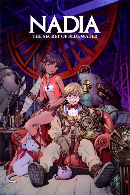The poster features Nadia, a young woman with brown hair and a red outfit, sitting on a red armchair while a blonde boy in a golden outfit sits beside her. The scene is set in a mysterious underwater city with a large red wheel in the background, creating a magical and adventurous atmosphere. The...