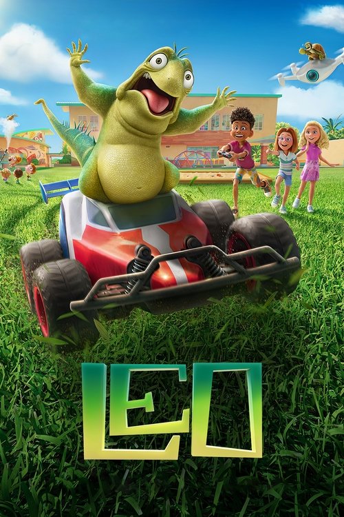 The vibrant green grassy field features a cheerful green turtle named Leo driving a red and white go-kart. Three children stand nearby, watching with excitement. The bright blue sky and sunny atmosphere create a joyful and lively mood, capturing the essence of a fun, animated adventure.