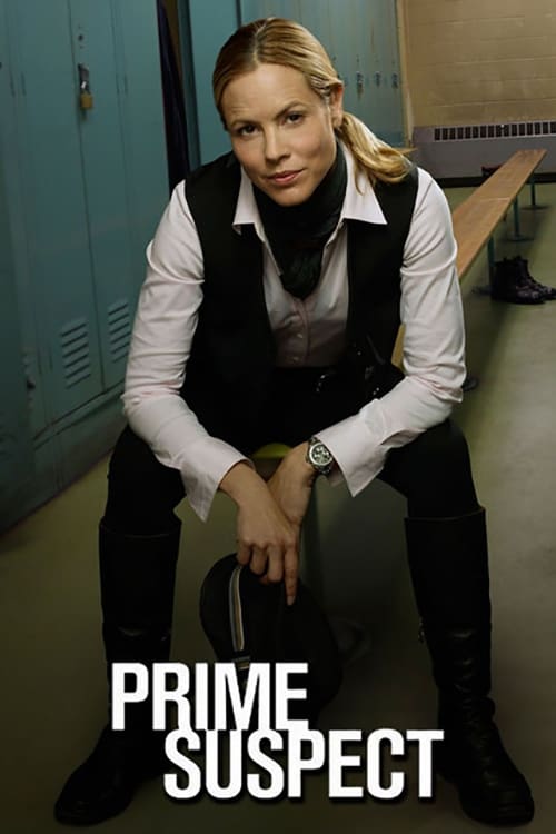 The poster features a blonde woman in a black vest and white shirt, sitting with hands clasped on her lap. She exudes a cool, professional demeanor against the muted blue lockers in the background. The title "PRIME SUSPECT" is prominently displayed at the bottom in bold white letters. The overall...
