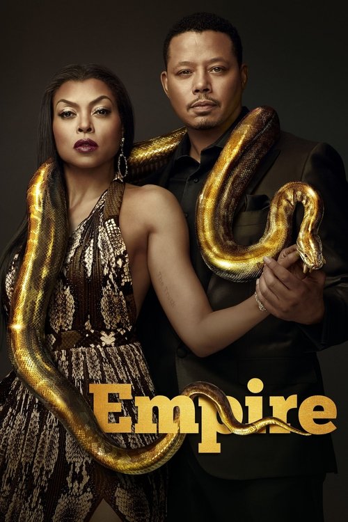The poster features a striking black-and-white image of a man and woman, with the title "Empire" prominently displayed in gold lettering. The man holds a golden snake, while the woman wears a shimmering, dark dress. The overall mood is mysterious and dramatic, with the golden snake adding a sense...