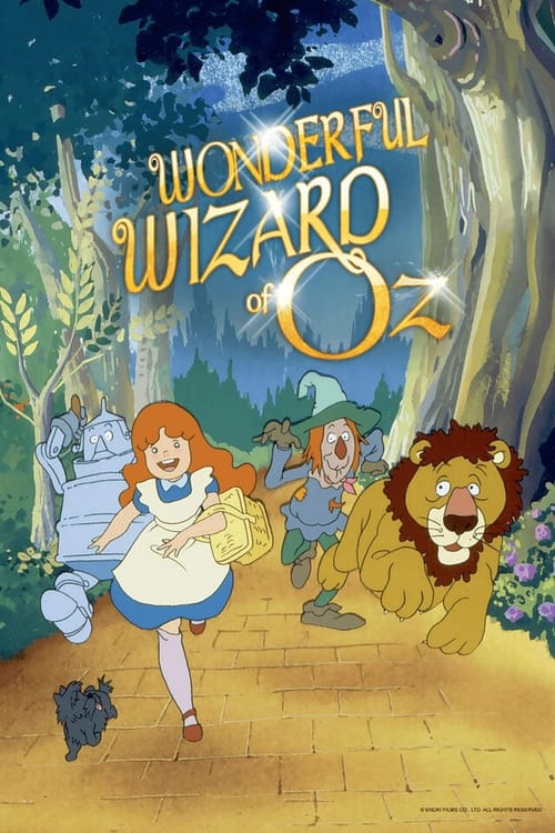 The poster features Dorothy, Toto, and the Lion in a dreamlike forest setting. Warm golden and blue tones create a magical atmosphere, evoking wonder and adventure.