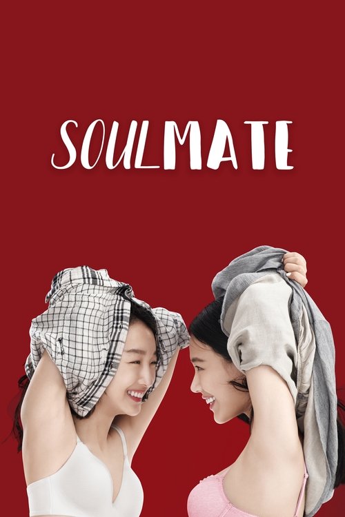 The poster features two women with their heads covered by patterned and plain towels against a deep red background. Their expressions convey intimacy and connection, suggesting a romantic or emotional bond. The minimalist design emphasizes their shared experience and the theme of soulmate.