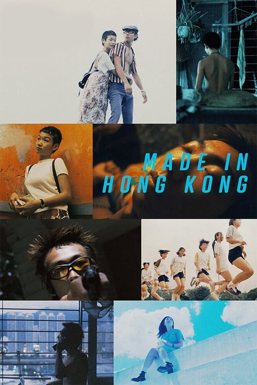The poster features a collage of diverse individuals in vibrant, contrasting colors—warm oranges, cool blues, and muted tones. The central text "MADE IN HONG KONG" stands out in bold blue against the busy background. The mood is energetic and dynamic, capturing the essence of Hong Kong’s multicul...