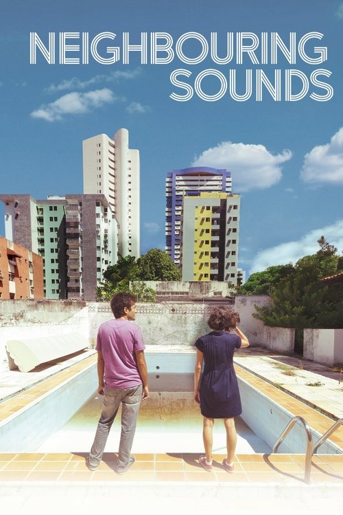 The poster features a man and woman standing in a modern pool, gazing at a city skyline under a bright blue sky. The vibrant colors of the buildings and the clear sky evoke a sense of urban tranquility and connection to nature.