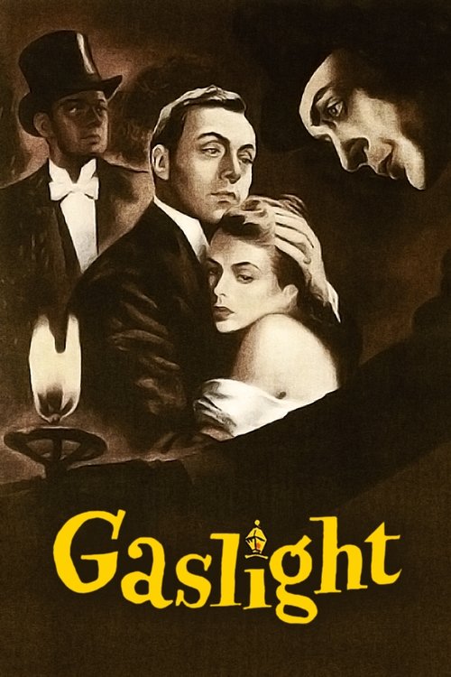 The poster features a dramatic scene with a man in a tuxedo, a woman in a white dress, and two men in formal attire, all set against a dark, moody background. The warm yellow text "Gaslight" stands out against the shadowy figures, evoking a sense of suspense and mystery.